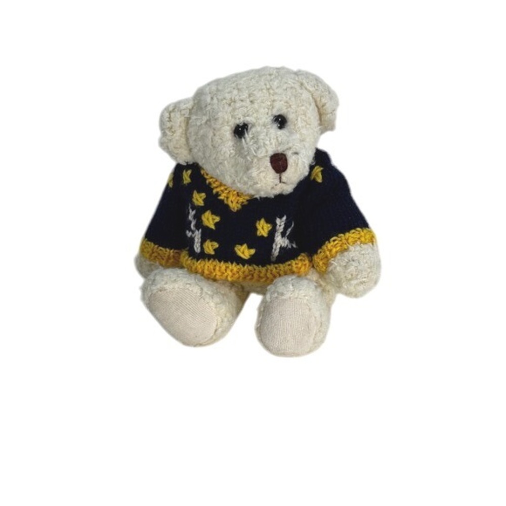 Vaughn Exclusive Cream Teddy Bear Plush Toy Animal Navy Blue Yellow Knit Sweater